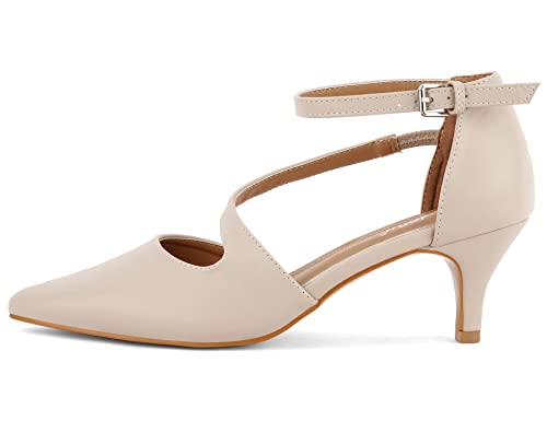 Greatonu Women's Pumps Low Heeled Closed Pointed Toe Kitten Heel Cross Strap Wedding Bridal Party Office Dress Shoes Beige 9 #TOP3