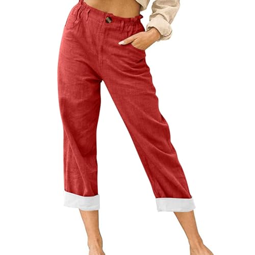 Linen Capris for Women High Waisted Straight Leg Cropped Pants Lightweight Button Summer Casual Pants with Pockets