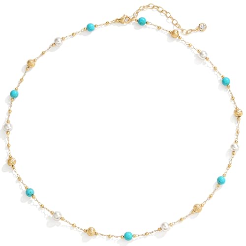 LADYGD Created Turquoise Necklace for Women 14K Gold Plated Pearl Beaded Choker Boho Necklaces Handmade Beach Summer Everyday Western Jewelry Gifts