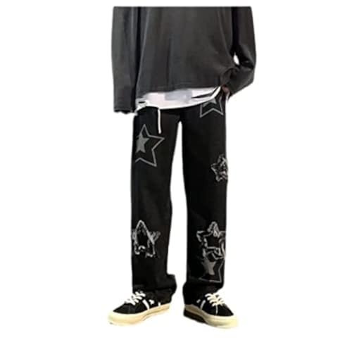 Vintage Men's Korean Denim Pants Y2K Cltohes Streetwear Printed Patchwork Male Baggy Jeans Straight Trousers