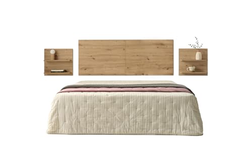 HOGAR24 ES Cabecero + 2 mesitas Colgantes con Baldas, Acabado Madera, Medidas 155 x 60 x 2 cm