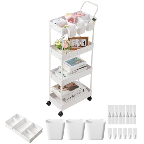 Image of danpinera Storage Cart, 4 Tier Narrow Rolling Storage with Wheels & Dividers, Bathroom Organizer Slim Laundry Cart with Handle Hanging Cups Hooks, White