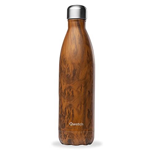 Qwetch - Bouteille Isotherme Wood 750ml - Gourde Nomade Inox - 24h Froid et 12h Chaud - Etanche, Sans BPA & Réutilisable - Gourde isotherme pour Sport, Voyage, Bureau, Randonnée