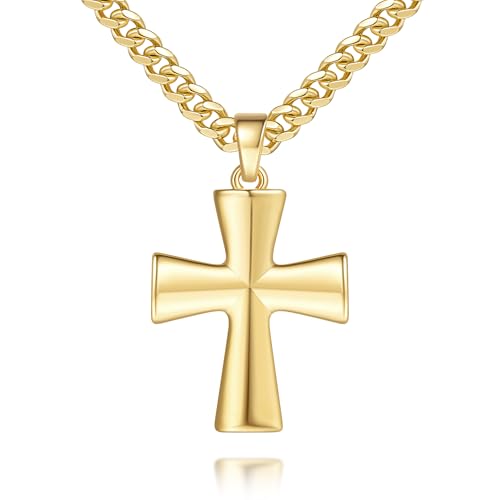 Cross Necklace for Men 14K Gold Cross Necklace for Men Gold Crosses Chain Pendant Necklaces for Mens Broad Tapering Silhouette with Sharp Lines Mens Crosses Necklaces 20/22/24 Inches