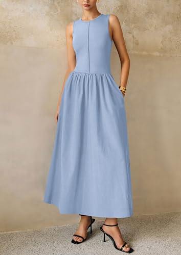 Image of PRETTYGARDEN Maxi Dresses for Women 2026 Summer Casual Sleeveless Patchwork Flowy Vacation Sundress Knit Long Work Tank Dress