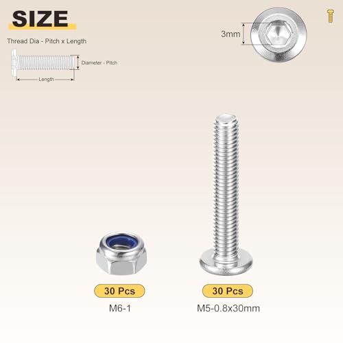 Image of METALLIXITY Crib Screws Replacement Set(M5-0.8x30) 60Pcs, Silver Tone, 304 Stainless Steel Hex Socket Screws with Lock Nuts - for Furniture Woodworking Project, Silver Tone