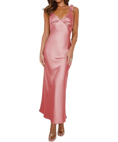 Phicia Summer Satin Spaghetti Strap V Neck Midi Dresses for Women Wedding Guest Elegant Flower Backless Cocktail Formal Dress