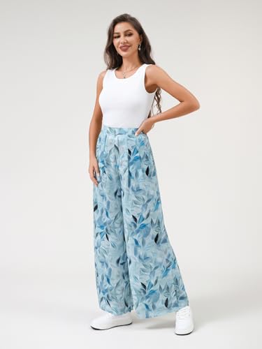 DERAX Women's Boho Floral Wide Leg Palazzo Pants Summer High Waist Flowy Beach Lounge Pants Lightweight Trousers Pockets3
