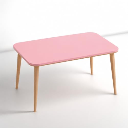 Image of Wooden Foldable Coffee Table - Rectangular Center Tea Table for Living Room & Bedroom, Easy Assembly with Solid Wooden Legs (Pink)