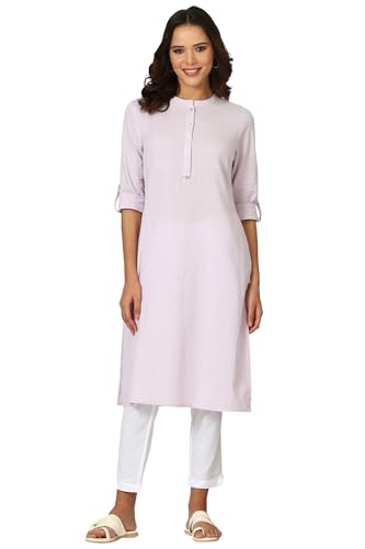 Image of W for Woman Lilac Mandarin Collar Cotton Blend Straight Kurta