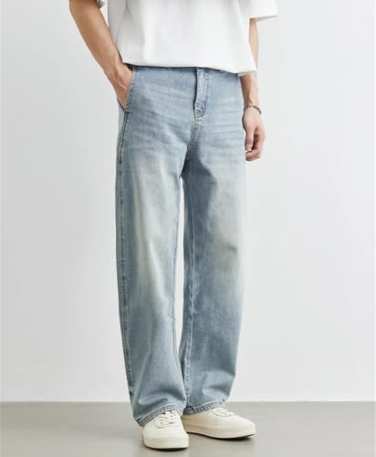 Men's Light Blue Straight Jeans Loose Casual Retro Cropped Denim Pants with Pockets4