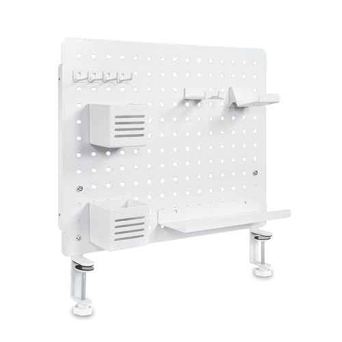 LVNSYSTEM Pegboard Lochplatten Weiß Werkzeuglos Am Tisch Befestigen Kompatibel Mit 1380 mm Platten Inklusive Haken & Ablagen Ordnungssystem Büro Ohne Bohren Für Mehr Platz