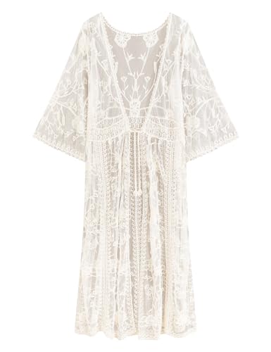 Bathing Suit Cover up 3/4 Length Sleeve Mesh Swimsuit Coverups Womens Long Beach Lace Crochet Kimono 2024 Summer Cardigan(Apricot)