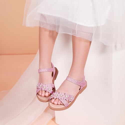 Pandaninjia Mary Girls Sandals Open Toe Cute Flower Pearl Flats Dress Sandals Cross Strappy Summer Shoes Toddler/Little Kid/Big Kid thumb #1