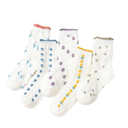 Image of 5 Pairs White Cute Socks, Women's Lace Ruffles Ankle Casual Sock, Cottagecore Breathable Socks, Floral Crew Socks