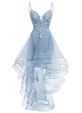 Lace Applique Homecoming Dresses for Teens 2025 High Low Spaghetti Straps Tulle Short Prom Dress Glitter Quinceanera Dress Dusty Blue