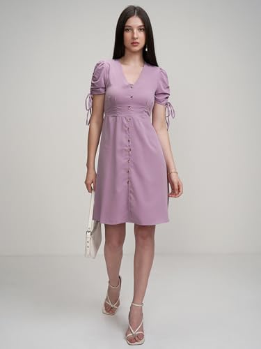 Image of Tokyo Talkies Women's Playful Mini A-Line Dress with Button-Front & Drawstring Sleeves
