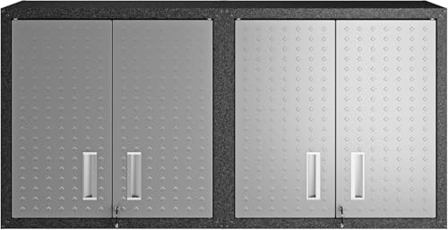 Image of Manhattan Comfort Fortress 30 inch Floating Garage Storage Cabinet Set of 2, Lockable, Adjustable Shelves, Recessed Handles, Steel Wall Mounted Utility Cabinet for Workshop, Garage, Basement in Grey /Black