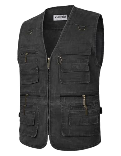 Yukirtiq Herren Angeln Weste ärmellos Freizeit Jagd Herrenwesten Sommer Trekking Wander Weste Reporterwesten Safari Weste mit Vielen Taschen, Schwarz, L