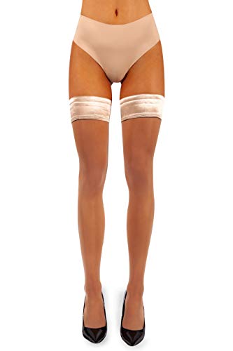 sofsy Sheer Backseam Thigh-High Stockings/Pantyhose w/Hold-Up Silicone | 20 Den [Made in Italy] - Natural with Black Seam - 3/4 - Medium/Large