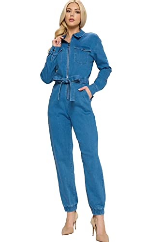Khanomak Women's Casual Long Sleeve Denim Jumpsuit Zipper Closure with Tie Front Belt Medium Blue Small
