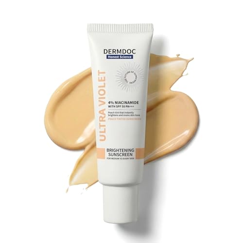 Image of DERMDOC SPF 50 Ultra Violet Brightening Tinted Sunscreen with 4% Niacinamide, 50 gm | PA +++ | With Peach Tint | Lightweight | UVA & UVB Protection | For Medium To Dusky Skin | Improves Skin Texture | Breathable & Weightless Finish | 4% Niacinamide, PA +++, Peach Tint, UVA & UVB Protection, Medium To Dusky Skin