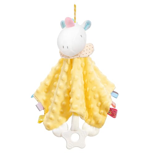 Image of Loveys for Babies, Security Blanket Soft Stuffed Animal Lovey Unisex Lovie Baby Stuff Snuggle Blanket with Tags Teether Bells, Soothing Plush Toys Baby Gift for Newborn, Yellow Unicorn