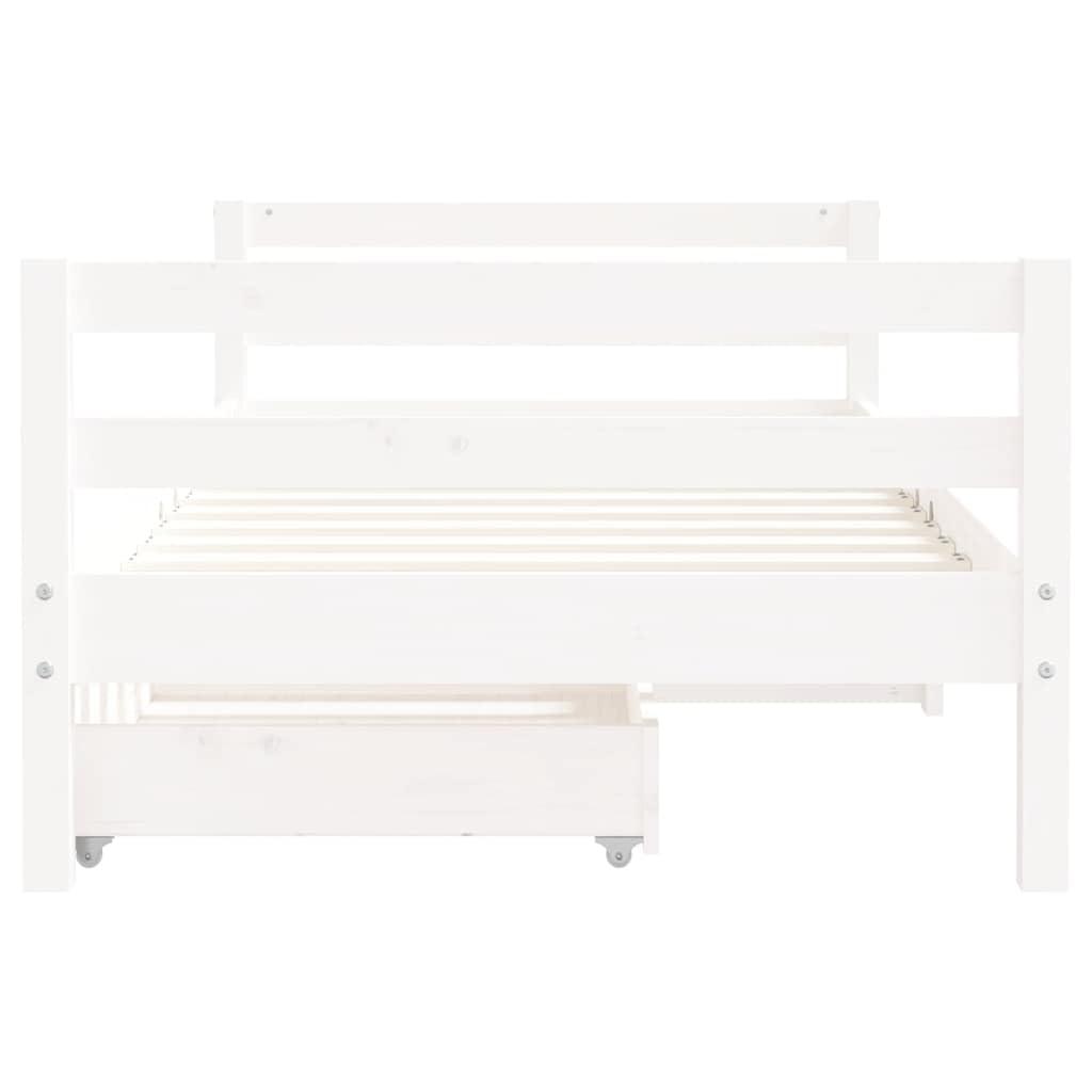 Cama infantil con cajones, color blanco, 80 x 160 cm, de madera maciza de pino para niños pequeños y niños a partir de 4 años, con espacio de almacenamiento, somier, rejilla de seguridad