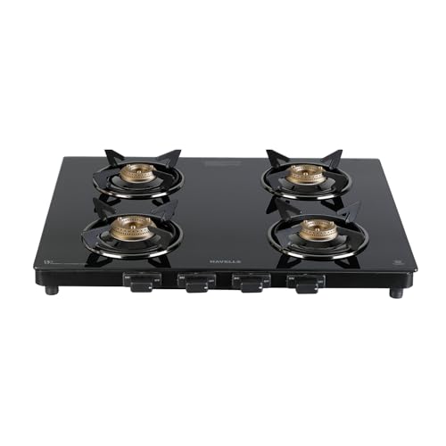 Image of Havells GEOSLIM Gas stove |4 Heavy Duty Forged Brass Burner|6 mm Toughened Glass|Premium Valves|Removable Drip Tray|Soft Touch Knobs|5 year Warranty on Burners, Glass & Valves by Havells (Black)