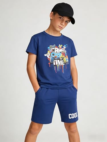 Image of Cakaner Tween Boys Summer Clothes 2 Piece Short Sleeve Graphic T-Shirt and Shorts Casual Outfit Set Size 7-14