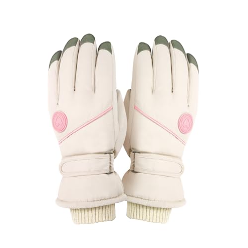 Feelorna Guantes de esquí para mujer, guantes térmicos de invierno, guantes suaves para pantalla táctil, con correa ajustable para la muñeca, resistentes al viento, guantes de esquí cálidos (beige