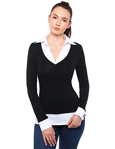 AmélieBoutik Women Faux Shirt 2 in 1 Style Long Sleeve Pullover Blouse Top