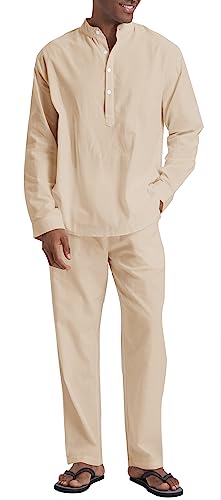 SIENDIU Herren-Leinensets, Henley-Shirts, 2-teilig, Urlaubs-Outfits, Strandkleidung, Freizeitanzug, Langarm-Shirt, Yogahose, Sommer, khaki, L