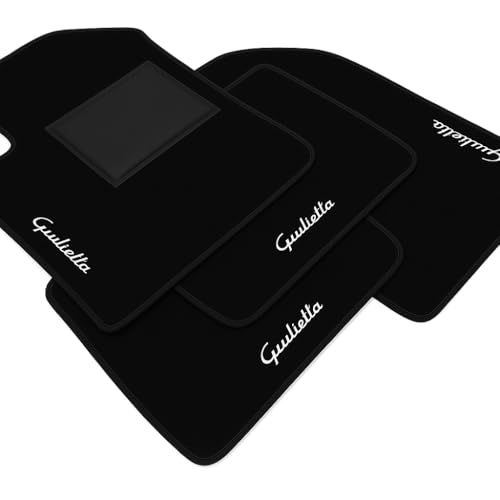 Tappetini Auto per Giulietta 2010-2020 | Kit Completo 4 Tappeti Auto Ricamati Bordo Nero Cucitura Bianca | Moquette Alta Qualità | Fondo Antiscivolo | Battitacco PVC | Lunga Durata