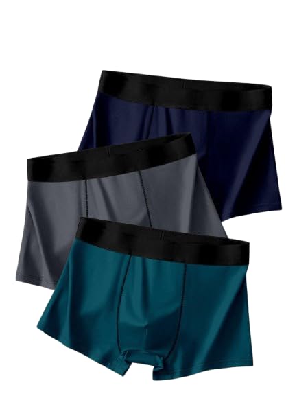 Men's Boxer Trunks, Pack of 3, Blue, Grey and Green, Solid Colours, Elastic Waistband-image-34