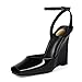 CAGLGLZ Peep Toe Wedges Sandals for Women Square Open Toe Buckle Ankle Strap Wedge Heels Patent Leather Slip-on Slingback Pumps Sexy Dressy Summer Shoes(Black,11)