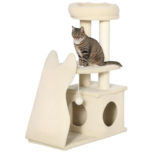PawHut Albero Tiragraffi per Gatti Adulti e Gattini con Tappetino e Pali in Sisal, Graffiatoio per Gatti con Casetta Sfoderabile, Lettino e Pallina, 60x30x83cm, Beige