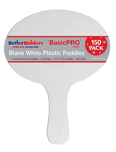 Better Bidders Plastic Paddles, Blank, 2mm Thick, White (150 Pack, Oval), 