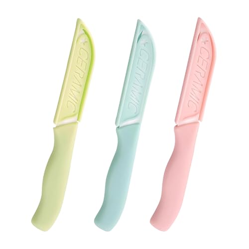 MAEXUS Cuchillo pelador con funda, juego de 3 cuchillos de cerámica, cuchillo de fruta, cuchillo de cerámica, cuchillo pequeño y afilado, cuchillo de cocina ergonómico para verduras y frutas