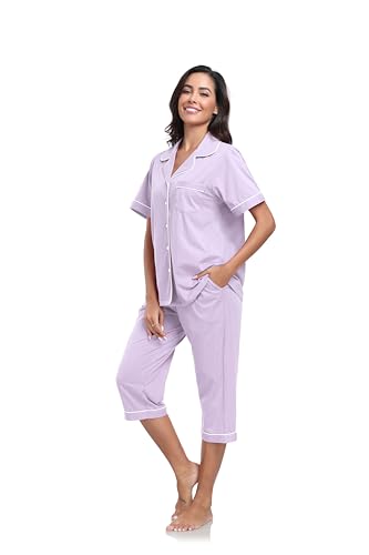 Image of COLORFULLEAF 100% Cotton Capri Pajama for Women Set Summer Short Sleeve Pj Sets for Women Cotton Sleepwear