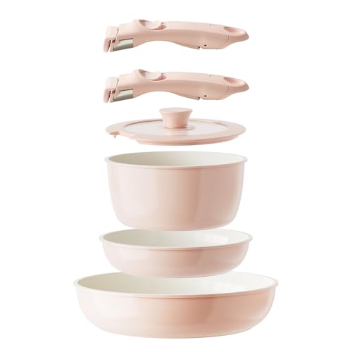Ceramic Pots and Pans Set Non Stick, Nonstick Kitchen Cookware Sets, Non Toxic Pots and Pans Set Non Stick, PFAS PFOA & PTFE Free, Detachable Handle Pots and Pans 6 Piece, RV Cookware (Pink)