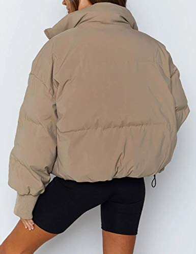 Uaneo Womens Casual Padded Full Zip Stand Collar Long Sleeve Puffer Jackets (Khaki, Xs) #TOP2