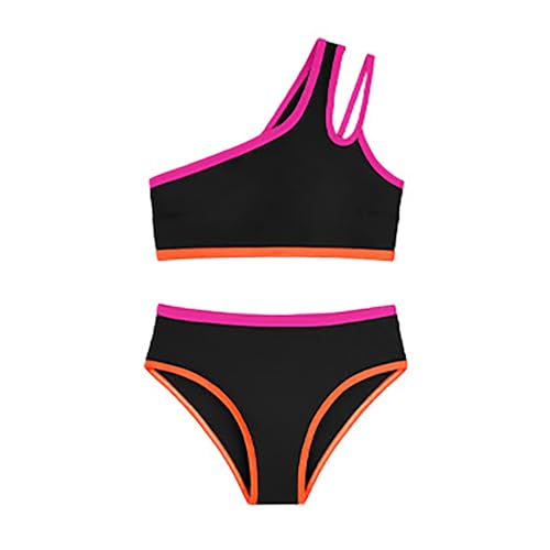 2026 Traje de baño para niña, de dos piezas, con un tirante y almohadillas para el pecho, bikini de colores, tallas 7-16 años, Negro , 13-14 años