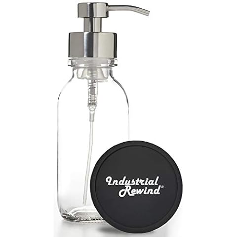 Clear Wide Mouth Glass Soap Dispenser with Chrome Metal Pump - Includes Non Slip Bottom and Counter top Protector. 16oz Glass Jar Lotion Bottle by Industrial Rewind (Clear/Chrome) Cover