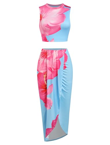Image of ZAFUL Women's Casual Sleeveless Summer Two Piece Outfits Crop Top and Side Split Draped Ruched Maxi Skirt Set Solid Suiting