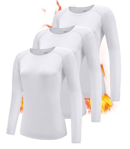Boyzn 3er Pack weiße Langarm Laufshirts für Damen mit Fleece gefütterte Langarm Thermounterhemden warme Sport Basisschicht Trainingsoberteile Thermoshirts für Damen 3P10-Weiß-XL