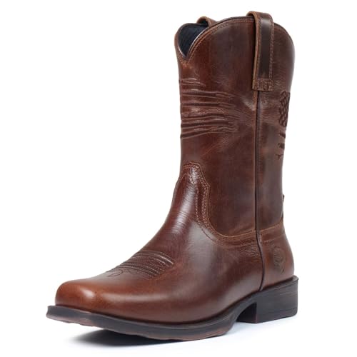 SUREWAY Western Boots For Men-Soft Toe,Square Toe Cowboy Boots,Thicker Leather,Oil/Slip Resistant,Extremely Comfortable Durable Proved,Rubber Sole,Work Boots/Shoes With Embroidered