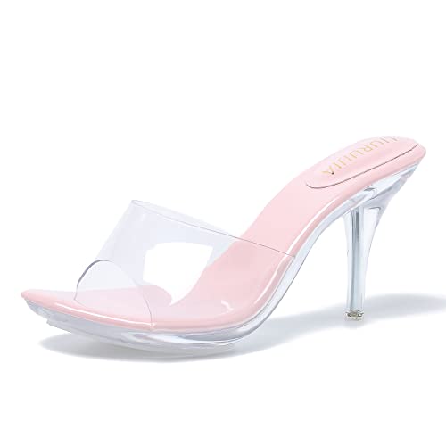 Image of LIURUIJIA Clear Heels For Women Sexy Slip On Open Toe High Heeled Dressy Sandals Comfortable Strappy Mules
