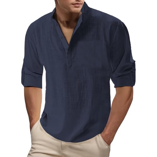 Yekdmxop 2025 Camicia Lino Uomo Elegante Manica Lunga Slim Fit Coreana Camicie Estiva Firmate Henley Shirts Cotone Camicie da Spiaggia Casual con Bottoni Tinta Unita Traspirante Shirt Bianca