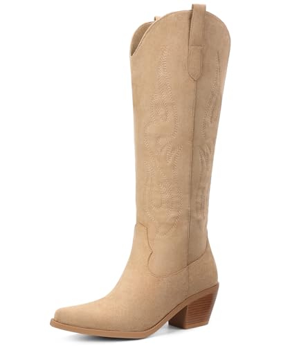 Image of Pasuot Western Cowboy Boots for Women - Knee High Wide Calf Cowgirl Boots, Slip On Pointed Toe Chunky Heel Fashion Retro Classic Pull On Tall Boot for ladies Party concert